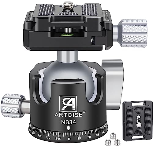 ARTCISE Low Profile Camera Tripod Ball Head, 34mm All-Metal CNC Panorama Head with Two Quick-Release Plates for DSLR, Camcorder, Telescope, Max Load 33lbs/15kg