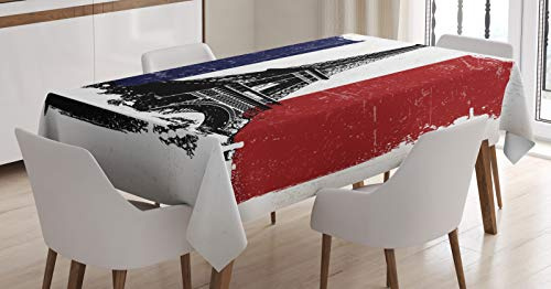 ABAKUHAUS Frankreich Tischdecke, Grunge Flag Eiffelturm, Personalisierter Druck Klare Farben ohne Verblassen Waschbar für Außen Bereich, 140 x 170 cm, Kokosnuss Zinnoberrot