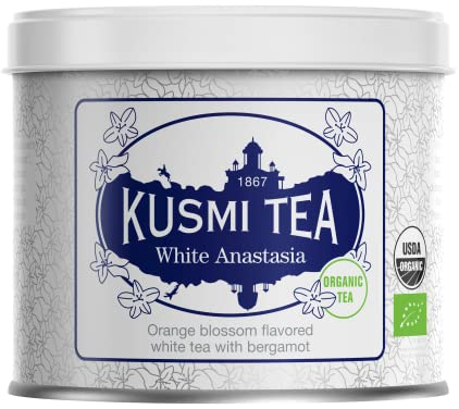 Kusmi Tea - White Anastasia - Thé Blanc Bio à la Bergamote, Aromatisé à la Fleur d'Oranger et Citron - À Déguster Chaud ou en Thé Glacé - Boîte Thé Métal 90g - Quantité pour environ 50 Tasses