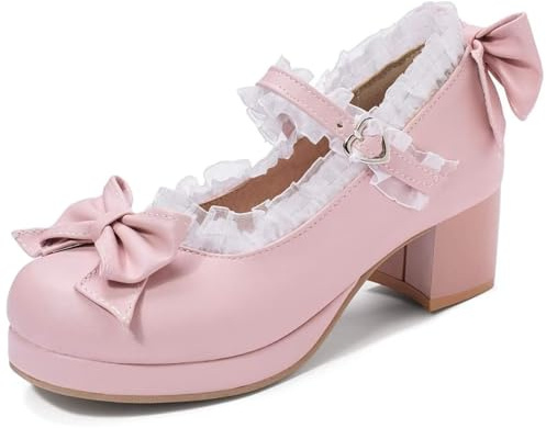 KISSASA Söta Lolita-plattformsskor för kvinnor, tjocka Mary Jane-klackar, bågskor, Rosa, 39.5 EU