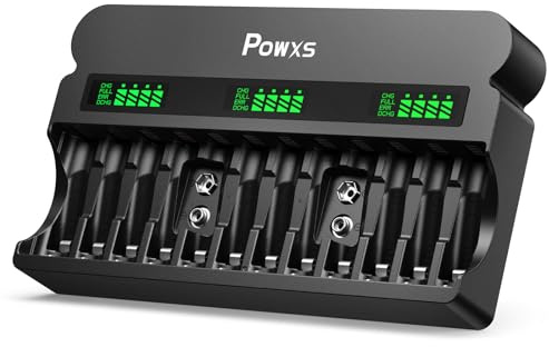 POWXS Rechargeable AA AAA 9V Battery Charger with 1800mA High-Speed, 12 Bay Independent Battery Charger for 1.2V Ni-MH Ni-CD AA AAA Rechargeable Batteries and 9V (Include AC Cable)