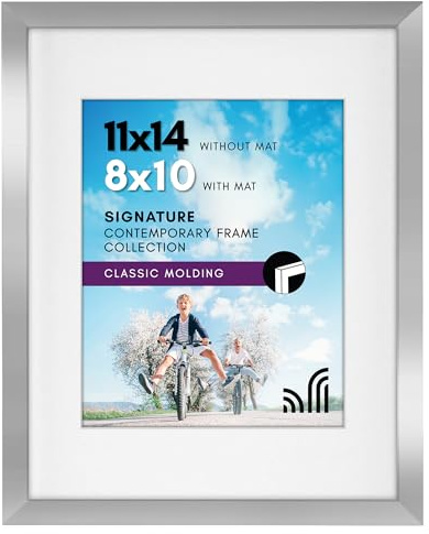 Americanflat 11x14 Picture Frame with Shatter-Resistant Glass - Use as 8x10 Frame with Mat or Display 11x14 Photo Without Mat - Signature Collection - Picture Frames for Wall Display - Silver