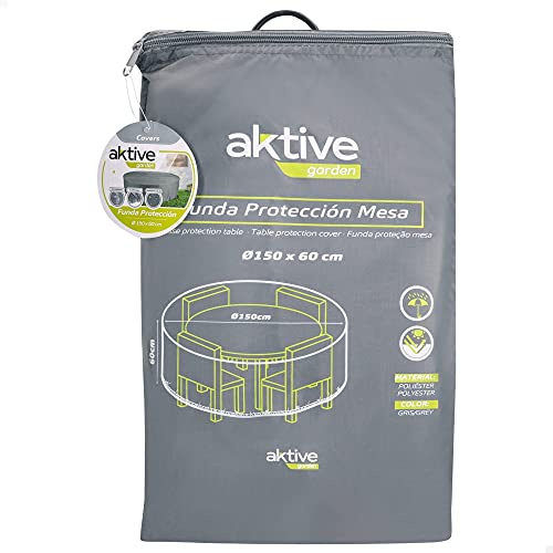 AKTIVE 61530 - Funda Mesa jardín Impermeable, Fundas Impermeable para Muebles de jardín, Funda para Mesa Redonda, Ø150 cm, 60% poliéster, con protección UV, Color Gris, Garden
