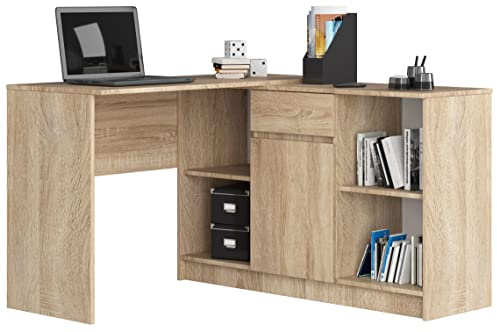 AKORD | Bureau avec Rangement B-17 | Commode avec 1 Tiroir 1 Compartiment de Rangement avec Porte et 2 Étagères Ouvertes | d'angle | Meuble | L120 x H79/77 x P126 | 68 kg Chêne Sonoma
