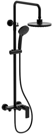 Colonne de douche monobloc modèle DAK BLACK avec cano, 3 voies, réglable en hauteur de 96 à 136 cm. Avec flexible et pommeau de douche rond