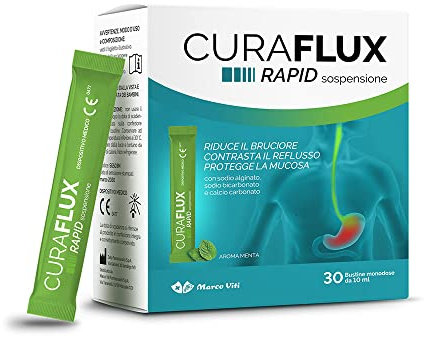 Marco Viti CURAFLUX RAPID Sospensione Orale 30 Stick Pack da 10 ml – Con Sodio Alginato, Bicarbonato e Calcio Carbonato, Sollievo Rapido da Reflusso, Bruciore, Iperacidità, Ideale per Digestione