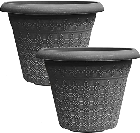 simpa Geometric Petals Plastic Plant Pots - GREY, Set of 2 Pots - 25.5cm (H) x 34cm Diameter