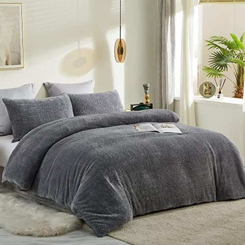 Lanqinglv Warme Winter Bettwäsche 200x200cm Dunkelgrau Flauschig Teddy Fleece Cashmere Touch Flanell Wendebettwäsche Plüsch Sherpa Deckenbezug Bettbezug mit Reißverschluss und 2 Kissenbezug 80x80cm