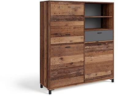 byLIVING Highboard Jackson/großes Sideboard Old Wood Vintage braun / 3-türig braun u. 1 Schubalde in Anthrazit/Wohnzimmerschrank mit 3 Türen und 1 Schubkasten/B 126, H 143, T 40 cm