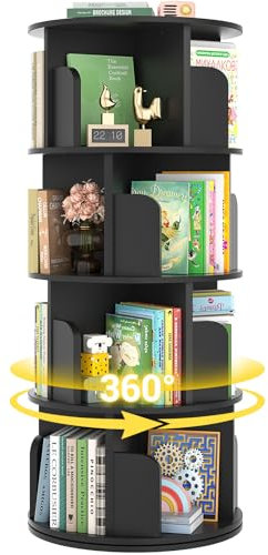 Besiost Drehbares Bücherregal, Holz-Eck-Bücherregal, 360-Grad-Display, drehbares Bücherregal, Aufbewahrungsregal, 4 Ebenen, bodenstehend, drehbares Bücherregal, schmales Bücherregal, Organizer für