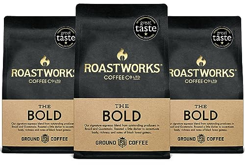 Roastworks The Bold | 3 x 200g Ground Coffee | Dark Roast | Notes of Black Forest Gateau & Caramel | 100% Arabica | Speciality Coffee from Brazil & Guatemala | This dark roast (level 5) speciality coffee is crafted from 100% Arabica beans, sourced from Brazil and Guatemala.