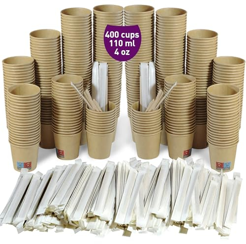 400 Vasos Desechables Café de Papel Cartón Kraft 110 ml / 4 oz. Vasos para Café Corto, Lungo, Expreso y Más con Paletinas de Madera Envueltas en Papel