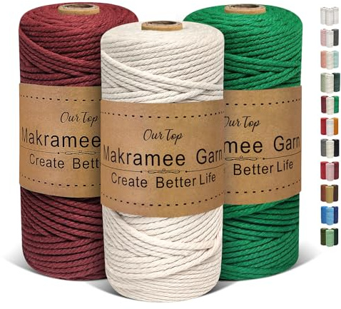 OurTop Premium makramégarn, set om 3, 3 mm x 100 m, makramésnöre, makramésnöre, garn för gör-det-själv-hantverk, vävning, dekoration, hängande växtväxthängare (natur, smaragdgrön, vinröd)