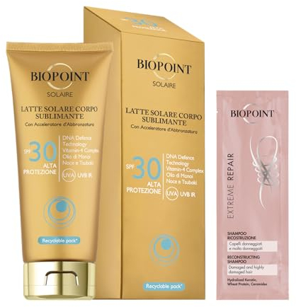 Biopoint Solaire - Latte Solare Corpo Sublimante, con Acceleratore di Abbronzatura, Dona una Pelle Dorata e Luminosa, 200 ml con Campioncino Shampoo Extreme Repair 10 ml