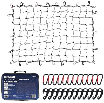 Pro-Lift Truck Bed Net – 3' x 4' Cargo Netting Stretches to 6' x 8' Square mesh Grid 4” x 4” with 12 D-Shaped Clips and 12 Plastic Hooks for SUV, Jeep, Chevy Silverado