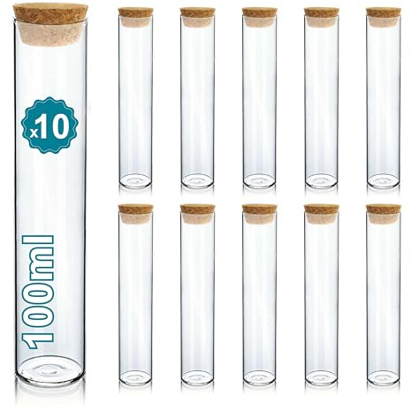 Pack 10 Reagenzgläser mit Korkstopfen 100ml - Laborgläser, Glasfläschchen - Dragees Hochzeit, Dekoration, Taufe - Gewürze, Süßigkeiten