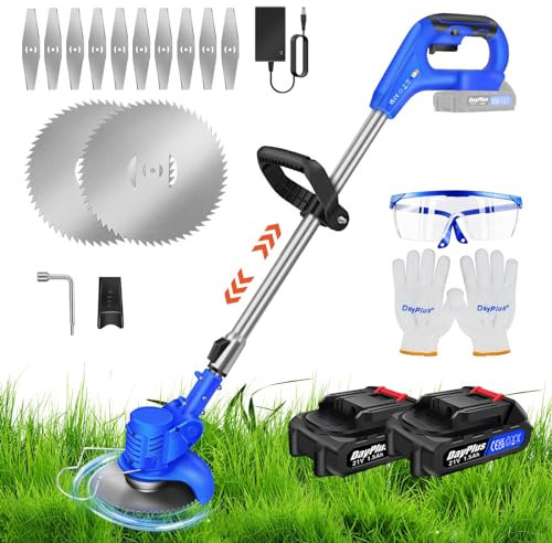 Banas Cordless Grass Trimmer - Electric Lawn Trimmer/Edger for Flower Beds & Lawns – Two 21V Batteries, Extendable Telescopic Handle, 12x Blades, Rotating/Swivel Head, Flower Guard