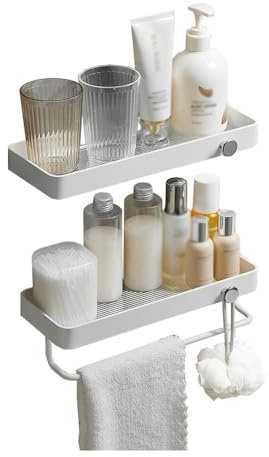 Badezimmerregal für Bad und Küche Duschcaddy fürs Badezimmer, 2er-Set, wandmontierter Dusch-Organizer aus Acryl mit Handtuchstange und 2 Haken, Wandregale zur Badezimmeraufbewahrung ohne Bohren Duscha
