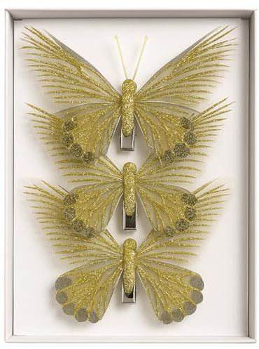 MIJOMA Deko-Schmetterlinge mit Clip, farbenfrohe Schmetterlinge für Festliche Dekoration, vielseitig einsetzbar für Floristik, Hochzeit, Weihnachten und Bastelarbeiten (Gold-Transparent, 3 Stück)