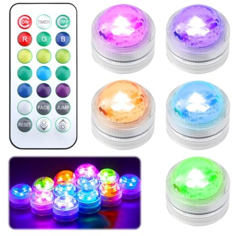 5 Pack Mini Submersible LED Light with Remote, Colourful Battery Tea Lights ABS Material Shell Waterproof Pool Lights for Pool Party Decorations Christmas Wedding Party