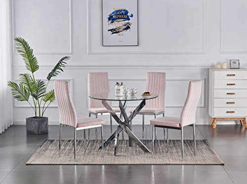 Moderna mesa de comedor redonda de cristal de 90 cm con 4 elegantes sillas de terciopelo rosa