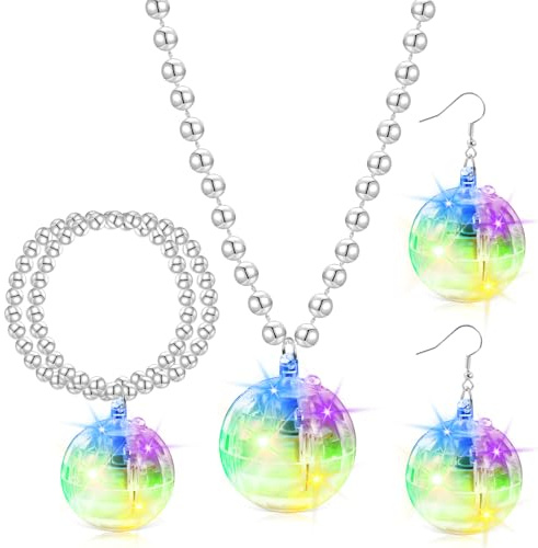 Beipegin LED Halsketten Armbänder Ohrringe Disco Ball Aiscokugel Kostüm 70 80er Jahre Accessoires,Licht Discokugel Schmuck für Karneval Party 70 80 90er