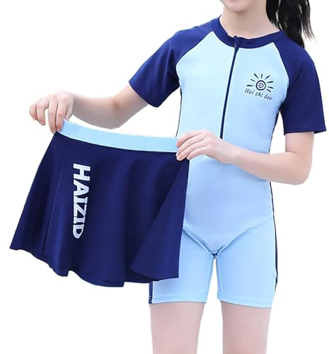 NautySaurs Girls One-Piece Swimsuit with Detachable Skirt, Kids Raglan Sleeve Two-Tone Swimming Costume, Short Sleeve Swimwear for Big Girls