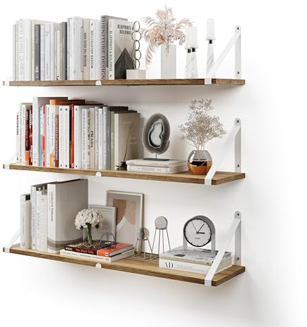 CASSA ZENO Wandmontierte schwebende Bücherregale für die Wand, 3er-Set, 80cm x 20cm Regal Bücherregal für Schlafzimmer Wohnzimmer Büro Badezimmer Küche Rustikales Holz mit Metallhalterung (Naturweiß)