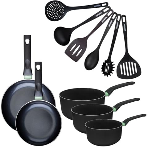 Fackelmann Batterie 2 poêles 20/24 cm, casseroles et ustensiles | 2 poêles 3 casseroles 6 ustensiles, Aluminium recyclé et revêtement céramique, Poêles 20 et 24 cm, Sans PFAS, Antiadhesif