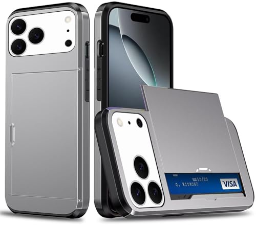 Beajew Coque Portefeuille pour iPhone 17 Pro Max avec Porte-Cartes, Étui de Protection Téléphone Double Couche Antichoc, Fente Cachée Coulissante, Antichoc TPU+PC Housse Portefeuille -Gris