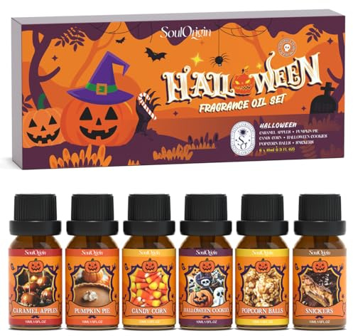 SoulOrigin Halloween ätherische Öle Set, Duft Öl Set für Öl Diffusoren, Duft Stein und Seife machen Dufte 6x10ml - Karamell Äpfel, Kürbis Kuchen, Süßigkeiten Mais, Halloween Kekse, Popcorn Kugeln