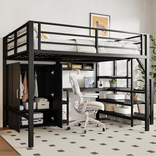 Hochbett 140x200, Kinderbett mit Kleiderschrank, Treppe, Schreibtisch, Bücherregal und Ablagefach, Etagenbett Metallbett Funktionsbett Stockbett Spielbett Jugendhochbett, Ohne Matratze (Schwarz)