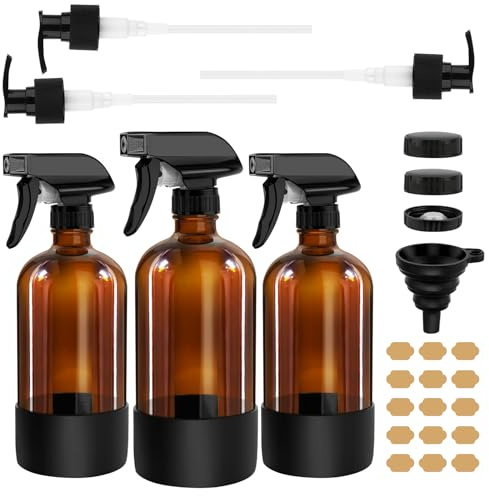 prota 3Pcs Amber Glass Spray Bottles, 500ml Empty Glass Spray Bottles, Refillable Container with Adjustable Nozzle Mist Water Spray Bottle for Cleaning Plants Essential Oils Hair Care