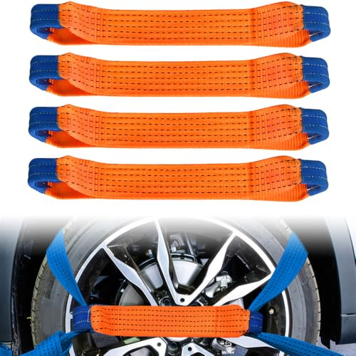 Byfoyif 4PCS Correas de Rueda de Coche, Correas Tensoras para Transporte de Coche Resistente a 5 Toneladas, Correa de Amarre para Rueda 40cm, Cintas de sujeción Auxiliar con Aros para vehículos