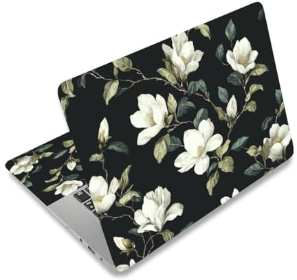 PLIGREAT Laptop Sticker Con Magnolia Fiori Taglia Universale Adatto Per 12 13 13.3 14 15 Pollici Laptop Rimovibile Impermeabile Per Notebook Nero Floreale Estetico Adesivo PC Pellicola Protettiva
