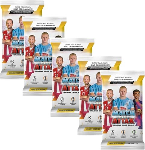 Topps UCC Champions League Match Attax - 5 Booster Packs - Fussball Saison 2025/2026 und BB-Toy-Trades Toploader