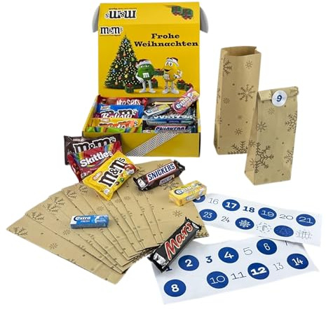 DIY Adventskalender zum Selbstbefüllen | Snickers, Twix, Mars, Bounty, M&M’s, EXTRA uvm. | Weihnachtskalender zum Basteln I 24 Tüten+Sticker I 24 Klassiker zu befüllen I inkl. M&M'S Fan-Box