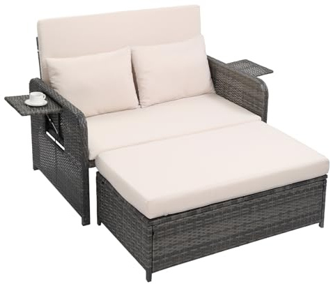 VINGLI Patio Daybed, Wicker Outdoor Daybed with Storage Ottoman & 5-Level Adjustable Backrest, All-Weather Rattan Cushioned Patio Loveseat Sofa for Garden Balcony Backyard (Beige, Gray)