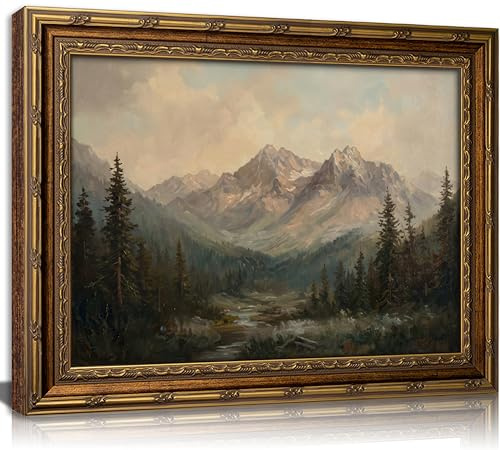 KKP Gold Framed 12x16in Vintage Mountain Landscape Canvas Print - Classic Oil Painting Style Wall Art Picture for Living Room Bedroom Hallway, Retro Rustic Countryside Nature Home Wall Decor