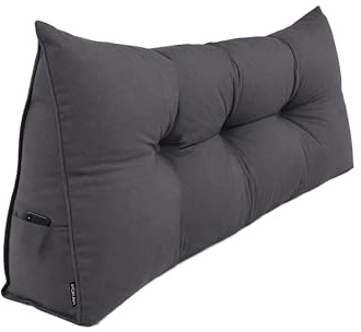 POKAR Rückenkissen 140x50x20 cm | Lesekissen für Bett und Sofa | Großes Keilkissen als Sofakissen für Rückenlehne | Wandkissen mit praktischen Seitentaschen | Oeko Tex 100 Zertifiziert | Anthrazite