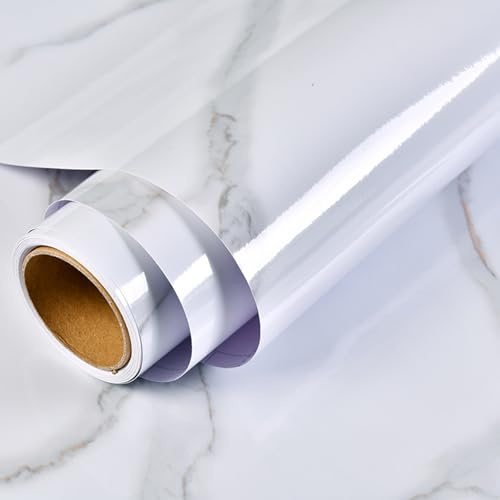 Tivleed Thick 0.3mm Self Adhesive Wallpaper - Waterproof Marble Peel and Stick Wallpaper - PVC Removable Wallpaper for Kitchen Bathroom Furniture (40cm x 2m, White Marble)