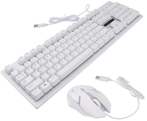 Ensemble Clavier et Souris Gaming Filaires USB 104 Touches pour Gamer | Plastique Blanc, Éclairage Lumineux et Conception sans Conflit, Clavier 104 Touches, Souris 4 Touches