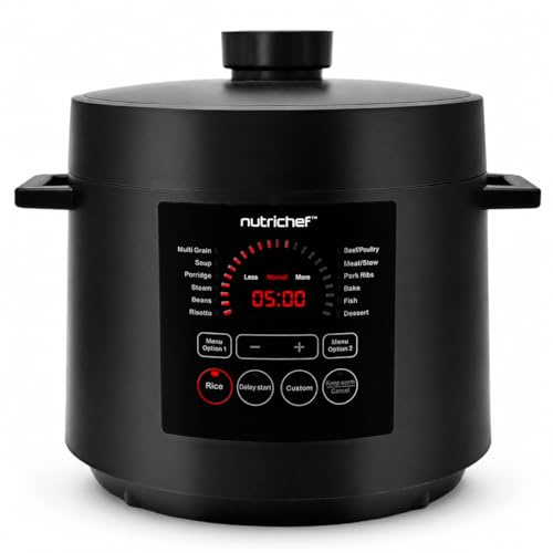 NutriChef Pentola a Pressione Elettrica 6 Litri, 1000 Watt Multicooker, Cuociriso, Slow Cooker, Vaporiera Elettrica, Acciaio Inox, LCD, Timer, Mantieni Caldo, Nero