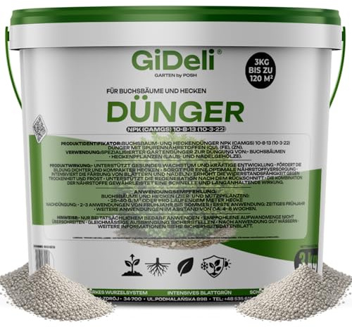 GiDeli Buchsbaum- & Heckendünger 3 kg Granulat Kirschlorbeer Thuja | Für Liguster, Ilex, Koniferen und Formhecken, sattgrünes Laub, kräftige Wurzeln, Langzeitwirkung mit Magnesium