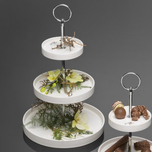 Alzata per torta, argentata, rotonda, a 3 piani, porcellana, 34,5 cm