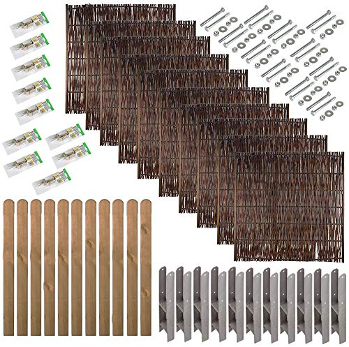 Weidenzaun Sichtschutz Komplettset 19 m – 10 Weidengeflecht-Zaunfelder 180x180 cm mit 11 braunen Pfosten 9x9x190 cm, H-Pfostenträgern & Montagematerial
