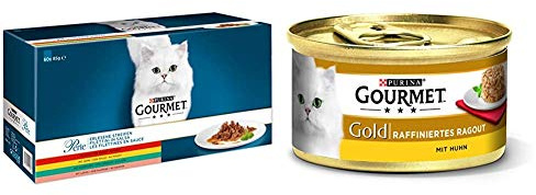 Purina GOURMET Perle Erlesene Streifen: Katzennassfutter mit Huhn, Rind, Lachs & Kaninchen, 60er Multipack & Gold Raffiniertes Ragout, köstliches Katzennassfutter, Katzenfutter nass, 12er Pack