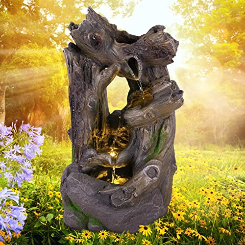 Trädgårdsfontän brunner prydnader rumsbrunner springbrunnor brunnen 230 V vattenfall vattenspel för trädgård, trädgårdsduk, terrass, balkong mycket dekorativ (Wald-blommor med LED-ljus)