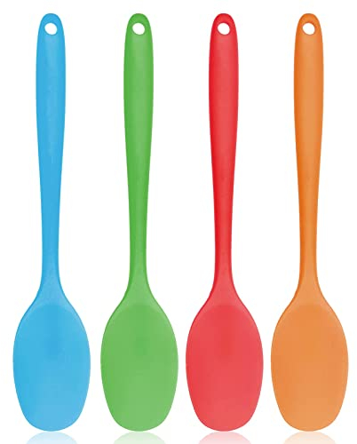 kuou 4 Pieces Silicone Spoons, 11inch Long Handle Mixing Spoons Heat Resistant Baking Serving Spoon Silicone Cooking Tools One Piece Design Silicone Spatula for Kitchen Cooking Stirring