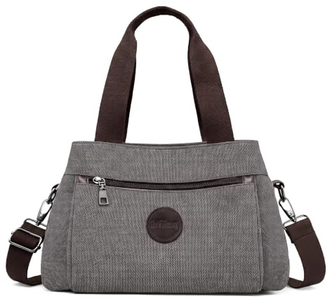 DORRISO Canvas Tasche Damen — Große Handtasche mit vielen Fächern, Multifunktionale Tote Bag Schultertasche Umhängetasche für Arbeit, Reisen, Freizeit & Alltag Hellgrau